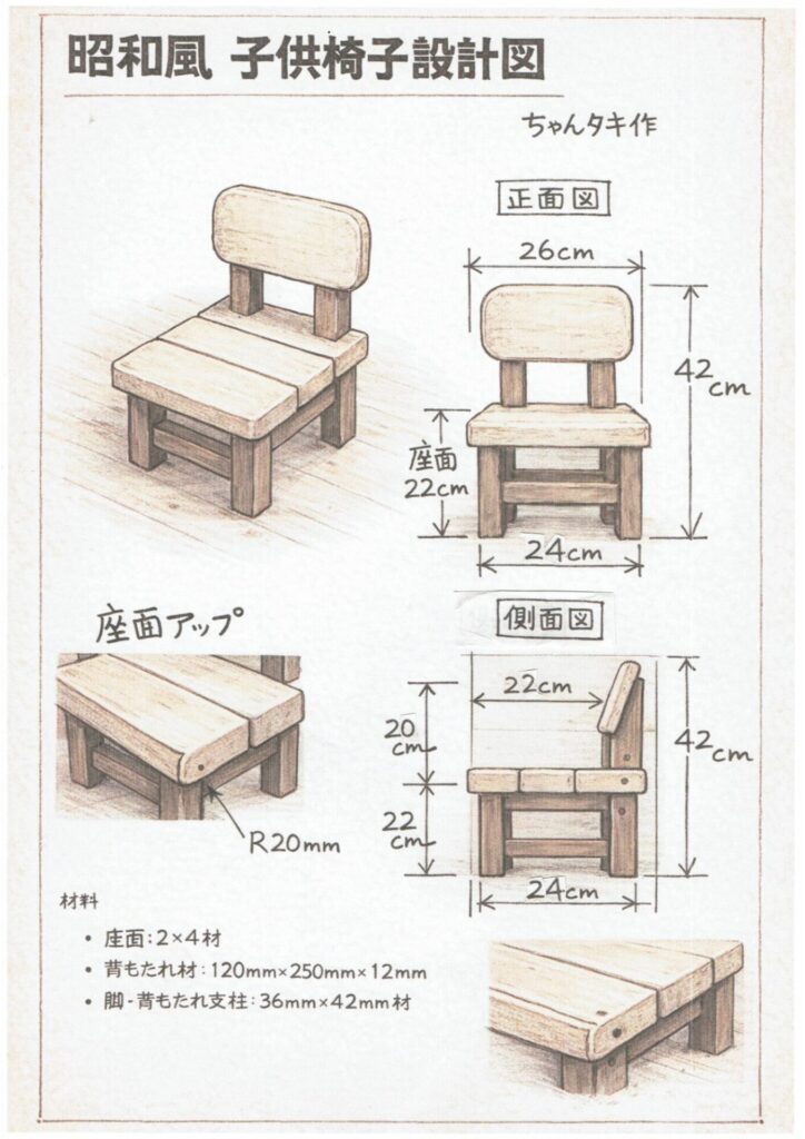 昭和風子供椅子DIYの設計図（全高42cm・座面高22cm）
