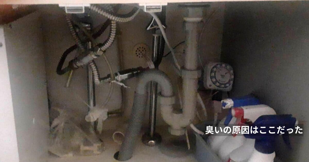 洗面台下の排水トラップ配管の写真 臭いの原因箇所