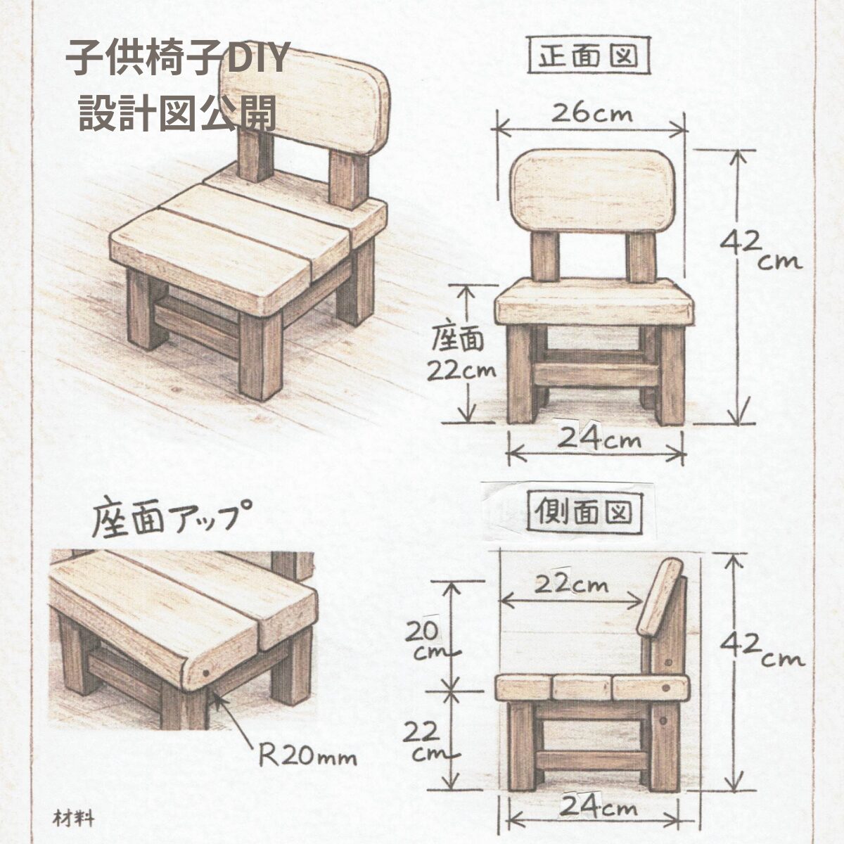子供椅子DIYの設計図公開（全高42cm・2歳児サイズ）
